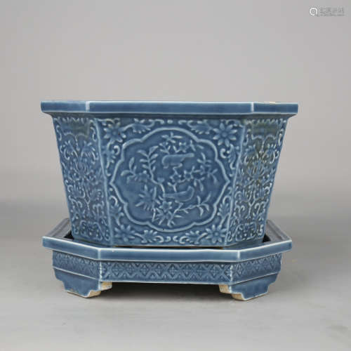 Blue Glaze Moulded Floral Pot