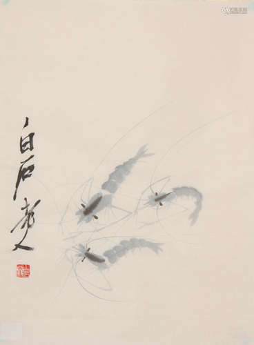 Chinese Shrimp Painting on Paper, Qi Baishi Mark