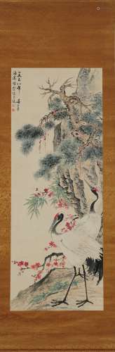 Chinese Crane Painting Scroll, Lu Yifei Mark