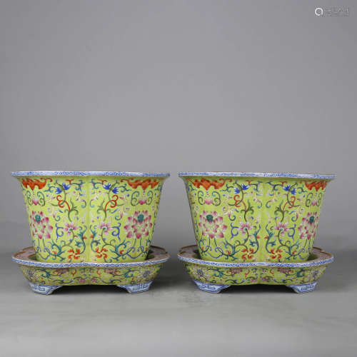 Pair of Turquoise-Green-Ground Famille Rose Flower Pots