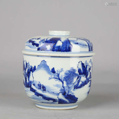 Blue and White Landscape Jar and Cover