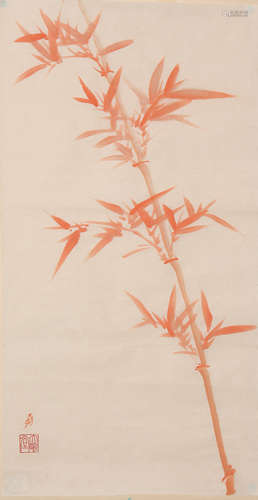 Chinese Red Bamboo Painting on Paper, Zhang Daqian Mark