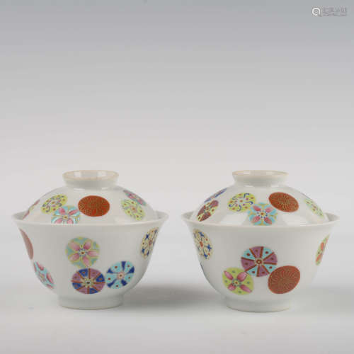 Pair of Famille Rose Flower Cups with Covers
