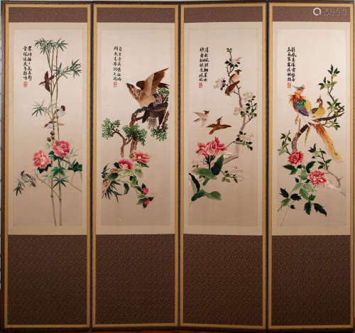 Set of Embroidered Silk Flower&Bird Screens