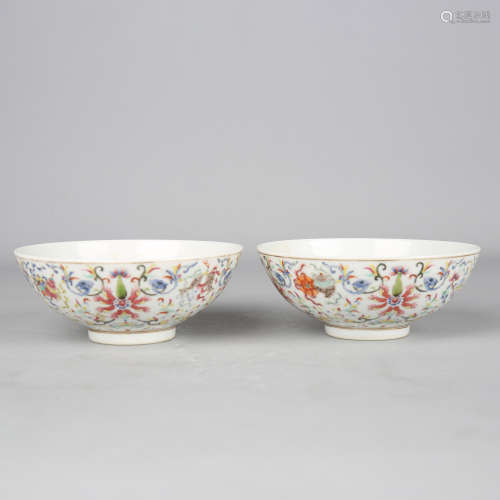 Pair of Famille Rose Interlocking Baoxiang Flower Bowls