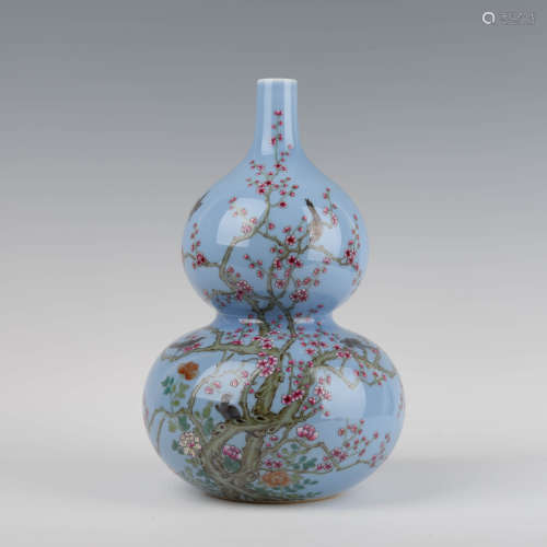 Celadon-Glazed Famille Rose Prunus Double-Gourd-Shaped Vase