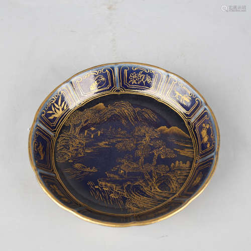 Sacrificial Blue Glaze Gilt-Inlaid Landscape Plate