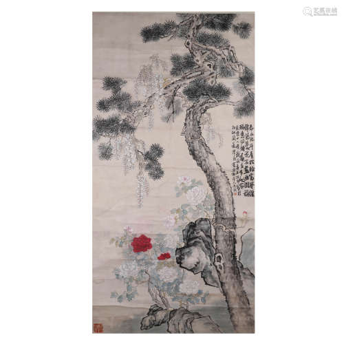 Chinese Flowers and Bird Painting Scroll, Li Shan Mark