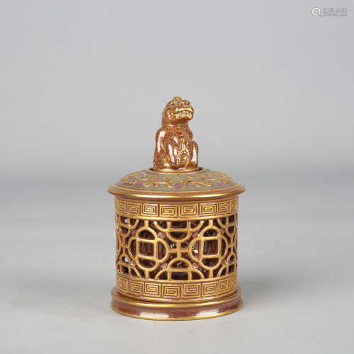 Gilt-Inlaid Aubergine Glaze Auspicious Beast Incense Burner