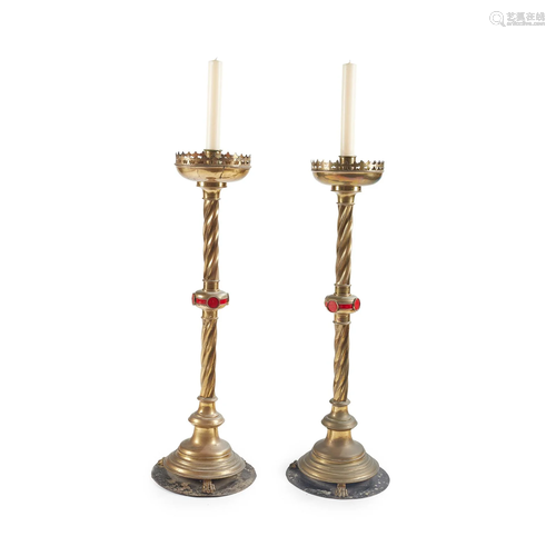 ENGLISH PAIR OF GOTHIC REVIVAL ALTAR CANDLESTICKS, CIRCA 187...