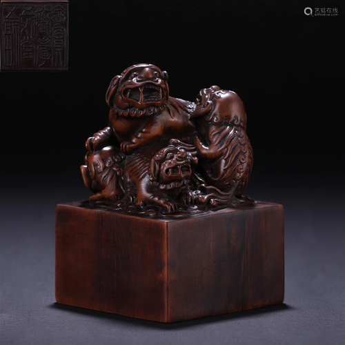 A Chinese Carved Boxwood Beast Seal Qing Dyn.