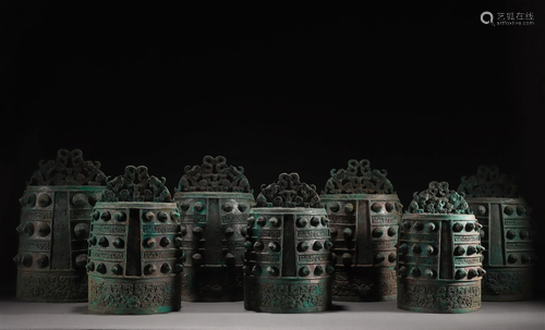 A Group of Chinese Seven Bronze Ritual Bells Shang Dyn.