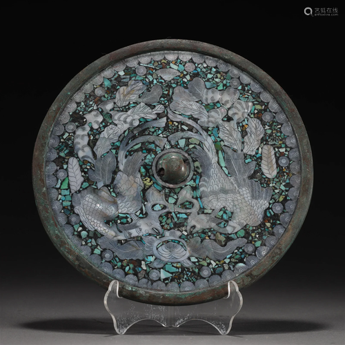 A Chinese Bronze MOP and Turquoise Inlaid Mirror