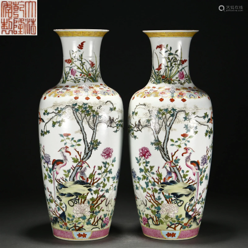 Pair Chinese Famille Rose Flower and Birds Vases Qing Dyn.