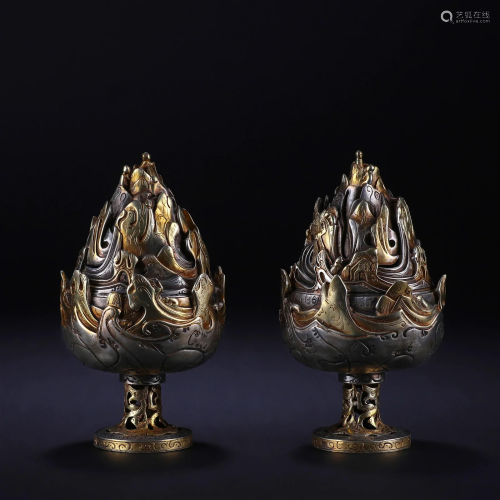 Pair Chinese Copper Alloy Mount Shaped Censers Han Dyn.