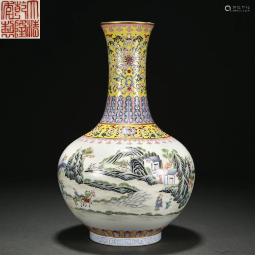 A Chinese Famille Rose Landscape Vase Qing Dyn.