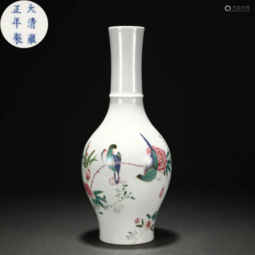 A Chinese Famille Rose Flower and Birds Vase Qing Dyn.
