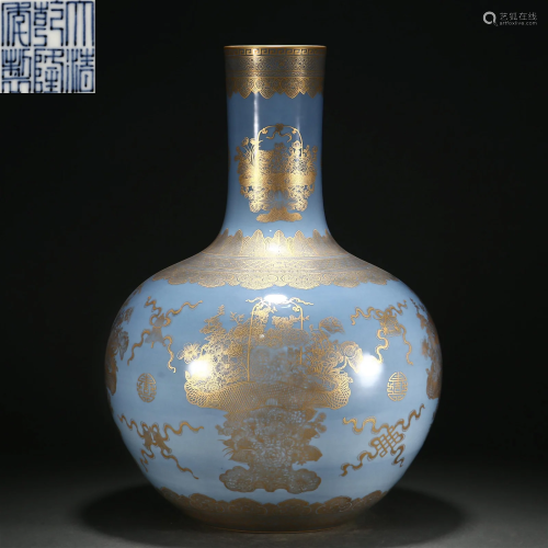 A Large Chinese Sky Blue Glaze and Gilt Vase Qing Dyn.