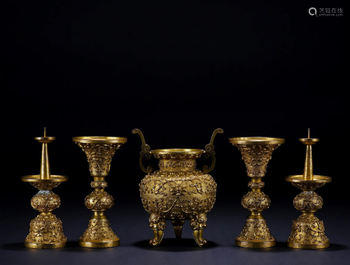 A Set of Five Chinese Bronze-gilt Ritual Vessels Qing Dyn.