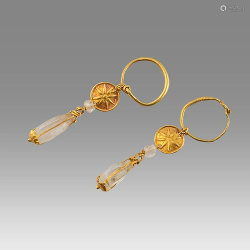 Ancient Roman Gold Pair of Earrings with Crystal Beads c.1st...