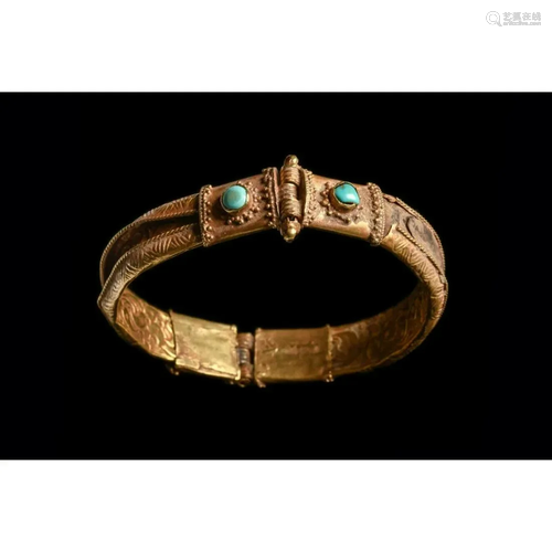 Ancient Islamic Gold Bracelet with Turquoise Inlays Ca.11th-...