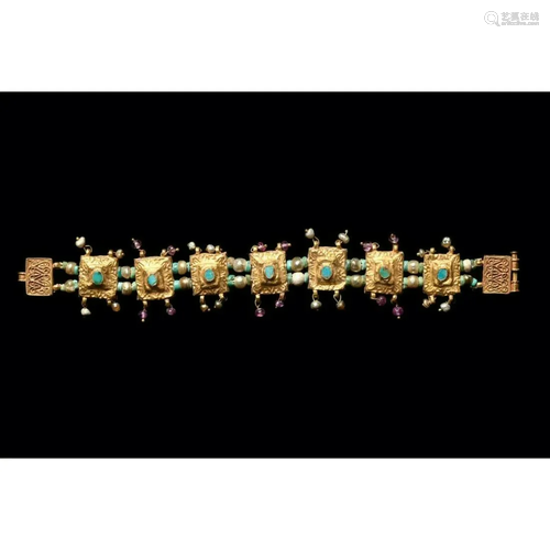 Islamic Gold Link Bracelet with Turquoise, Pearls & Garn...