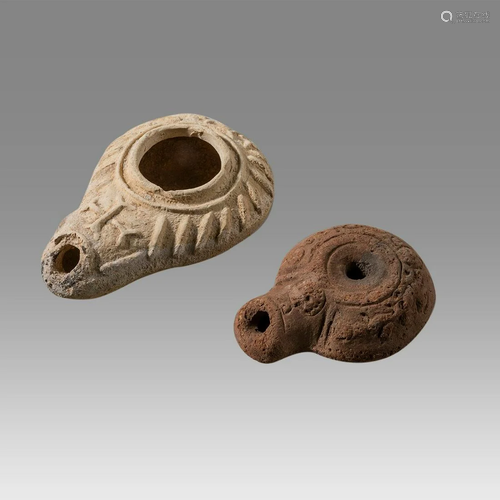 Lot of 2 Ancient Roman, Byzantine Terracotta Oil Lamps c.2nd...