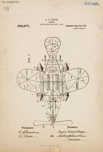 Flugzeug-Patent für ein motorisiertes Flugzeug von August Ri...