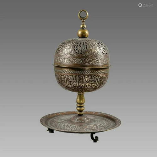 Mamluk revival Silver Inlaid Brass incense burner.