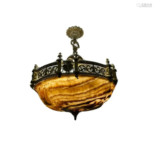 19th century french bronze dore chandelier with Alabaster.