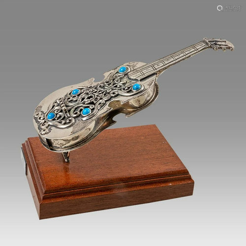 Israel, Judaica Silver Spice Box in form of Guitar.