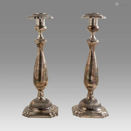 American, Judaica Pair of silver shabbat candlesticks.