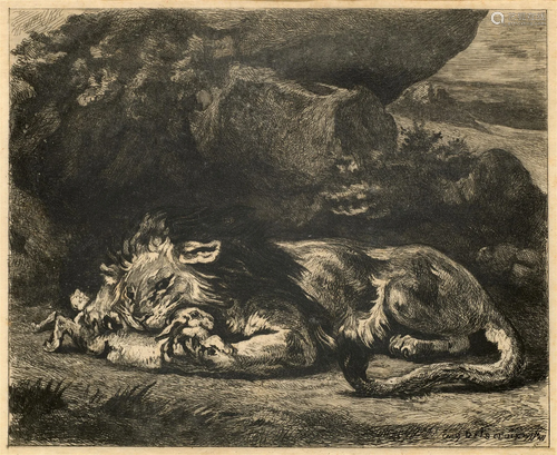 Delacroix (nach), Eugène Löwe, einen Hasen verschlingend. Gu...