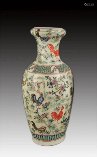 FAMILLE VERTE FLOWER AND CHICKEN PAINTED PORCELAIN VASE