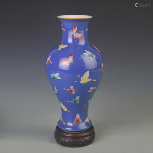 RARE BLUE GLAZE FAMILLE ROSE BUTTERFLY GUAN YIN VASE