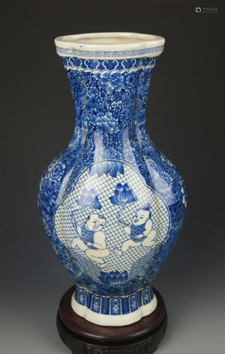 BLUE AND WHITE BOY PLAYING PATTERN PORCELAIN VASE