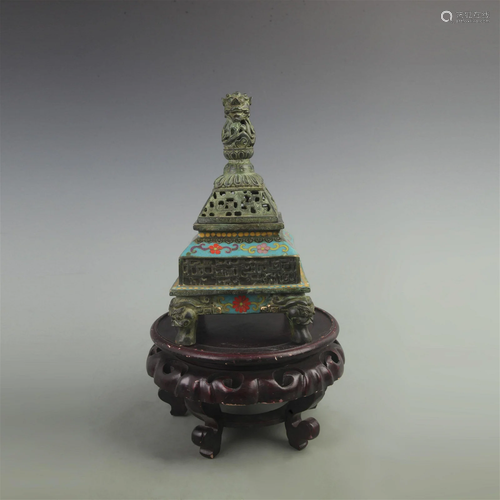 RARE BRONZE CLOISONNE ENAMEL INCENSE BURNER