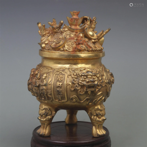 A FINE GILT BRONZE FINELY CARVED THREE FOOT CENSER