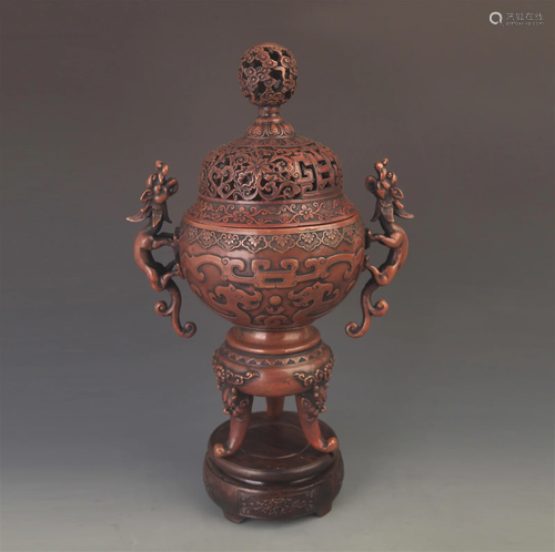 RARE BRONZE FLOWER AND DRAGON PATTERN INCENSE BURNER