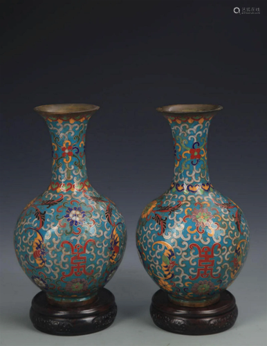 RARE PAIR CLOISONNE ENAMEL FLOWER PATTERN DECORATIVE BOTTLE