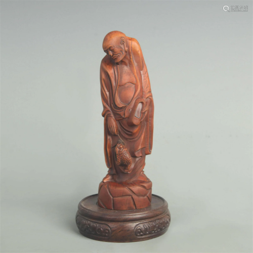 A FINE BOXWOOD CARVING IN FIGURE OF LUO HAN