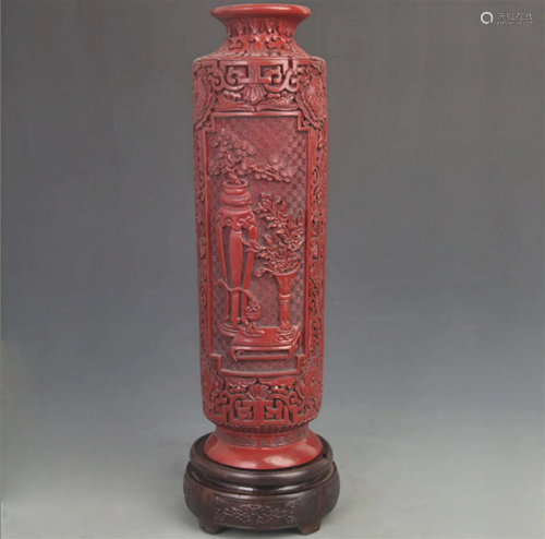 A FINE RED CARVED LACQUER FLOWER CARVING VASE