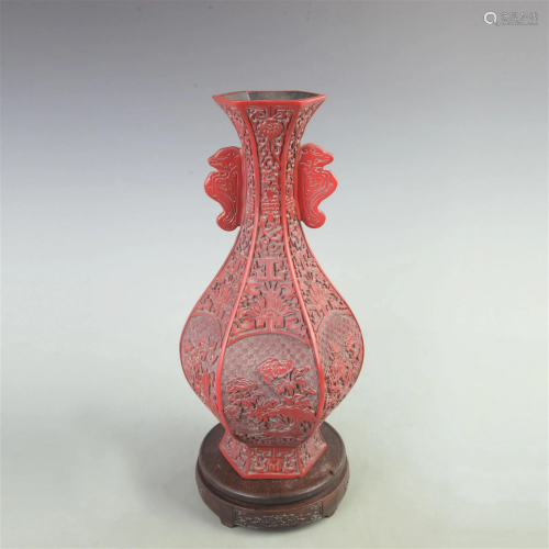 RARE FINE RED CARVED LACQUER FLOWER CARVING VASE