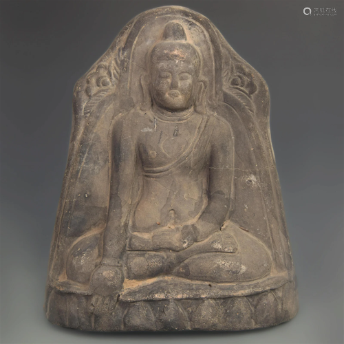 A FINE TERRACOTTA CARVED GAUTAMA BUDDHA FIGURE