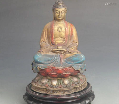 A FINE COLORED BRONZE AMITABHA BUDDHA STATUE