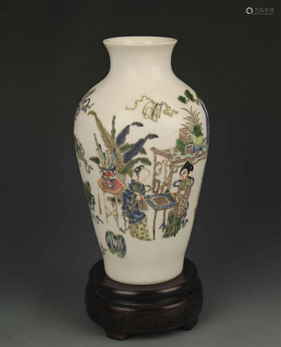 FAMILLE ROSE STORY PAINTED GUAN YIN STYLE VASE