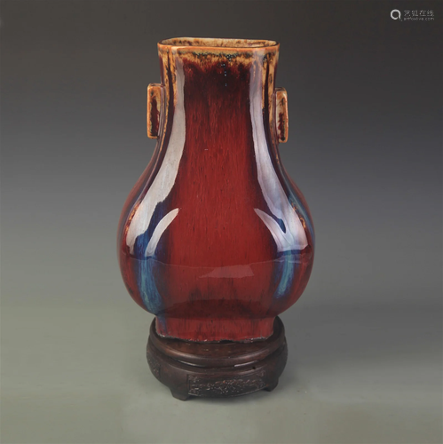 RARE RED COLOR GLAZED DOUBLE EAR PORCELAIN VASE