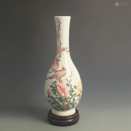 A FINE ENAMEL COLOR FLOWER AND BIRD OLIVE SHAPE VASE