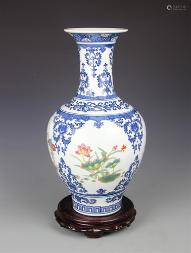 BLUE AND WHITE FAMILLE ROSE FLOWER AND BIRD VASE