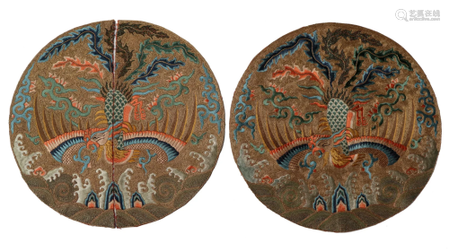 Pair Of Embroidered 'Phoenix' Silk Roundel, Kangxi...